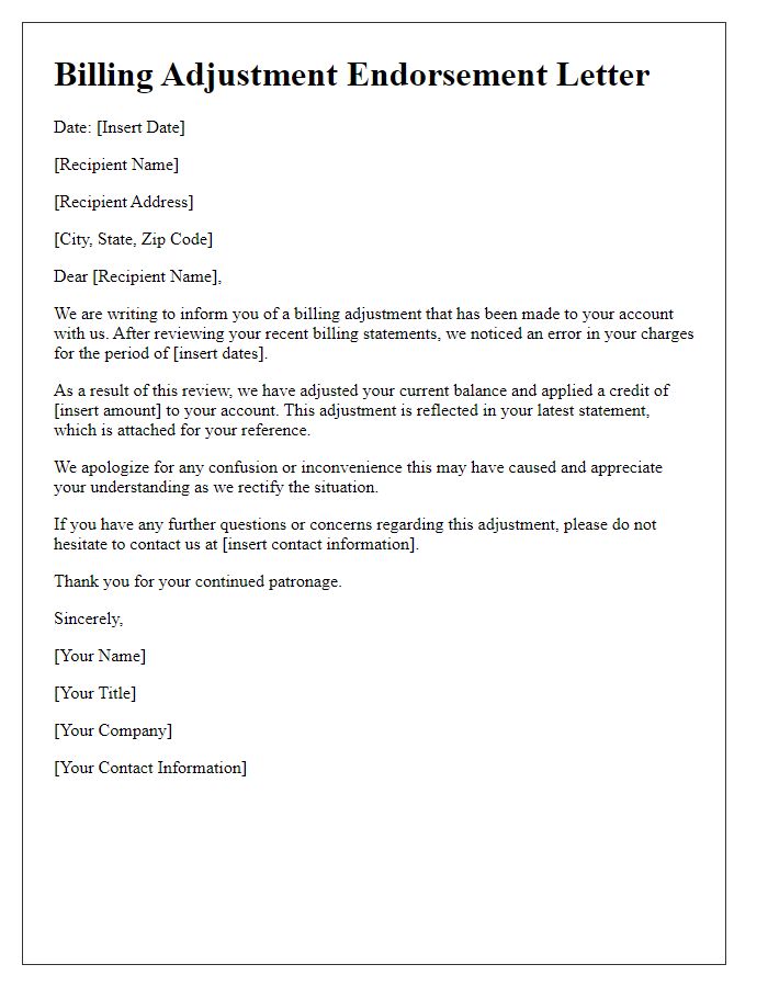 Letter template of billing adjustment endorsement letter