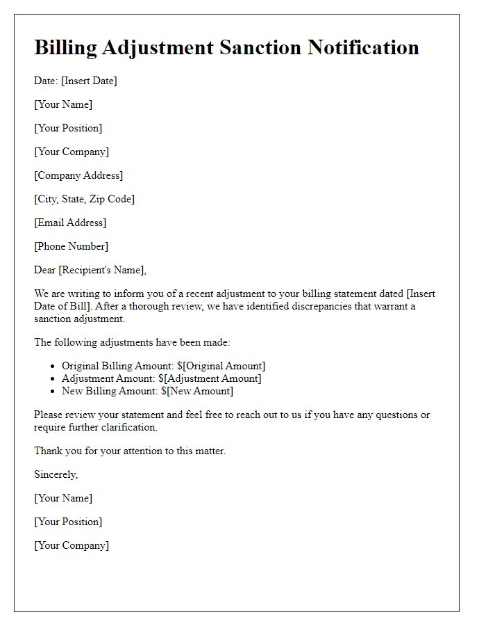 Letter template of billing adjustment sanction notification