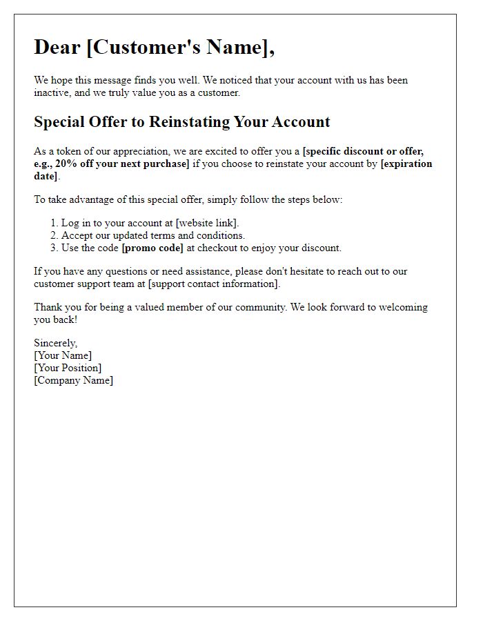 Letter template of special offer for reinstating your account.