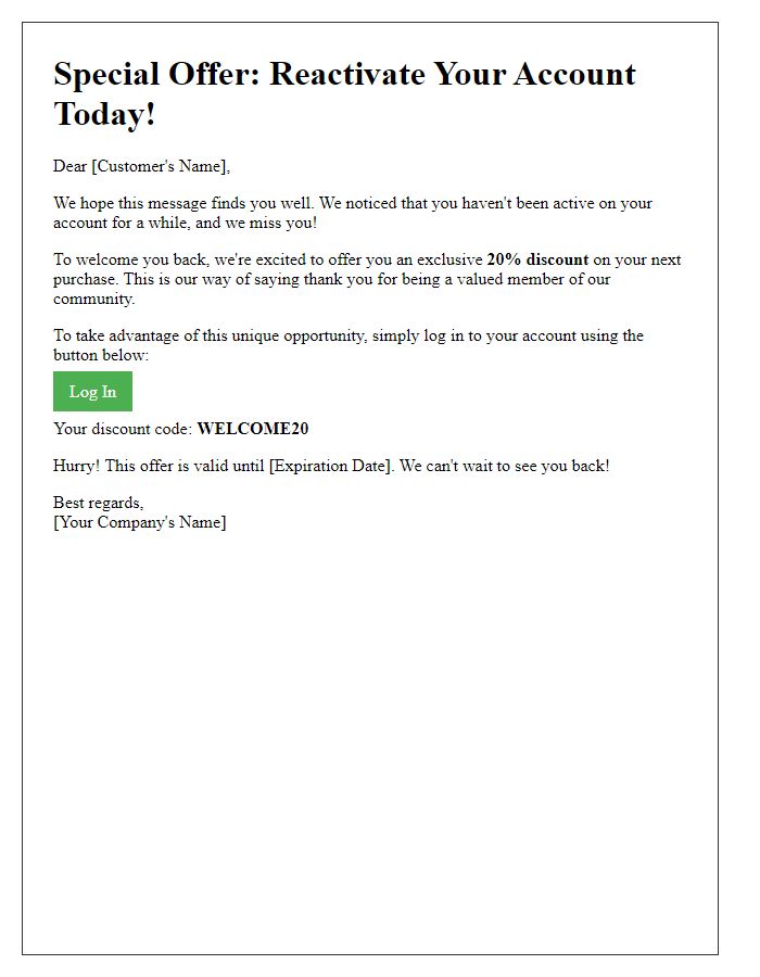 Letter template of unique account reactivation discount opportunity.