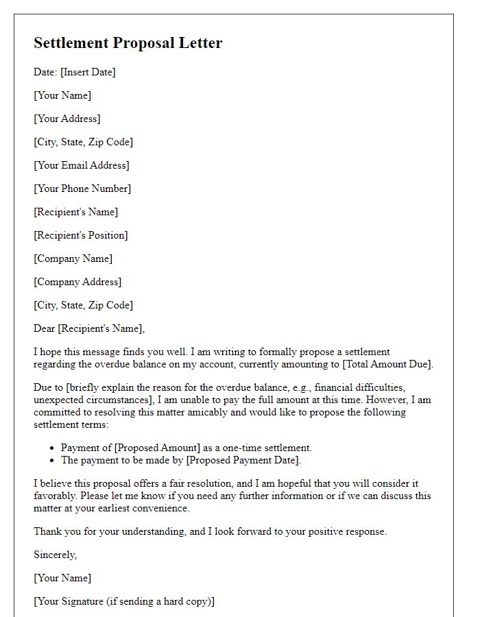 Letter template of formal settlement proposal for overdue balance.