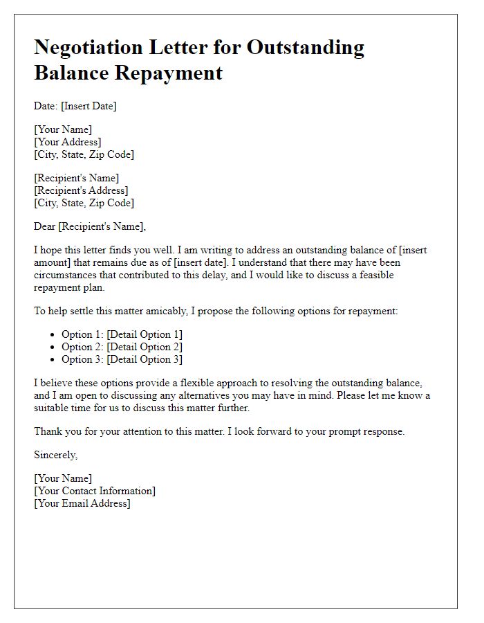 Letter template of negotiation for outstanding balance repayment.