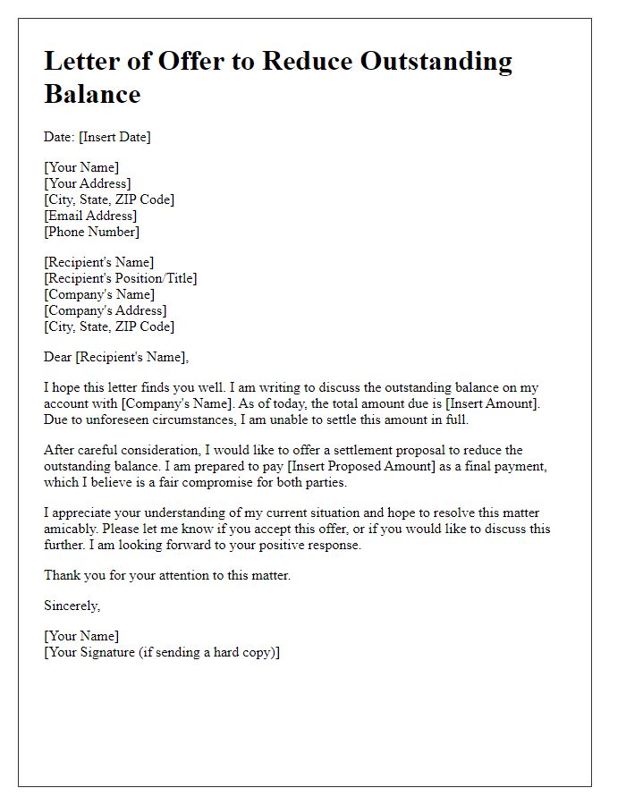 Letter template of offer for reducing outstanding balance.