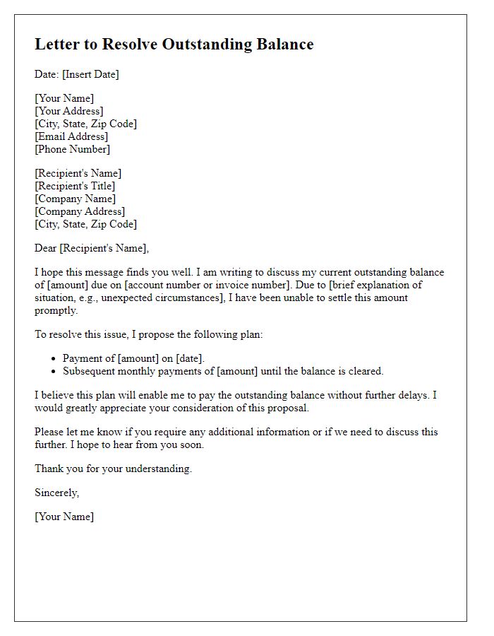 Letter template of plan to resolve outstanding balance.