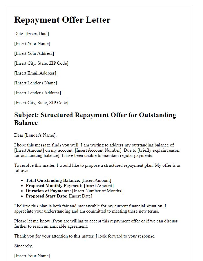 Letter template of structured repayment offer for outstanding balance.