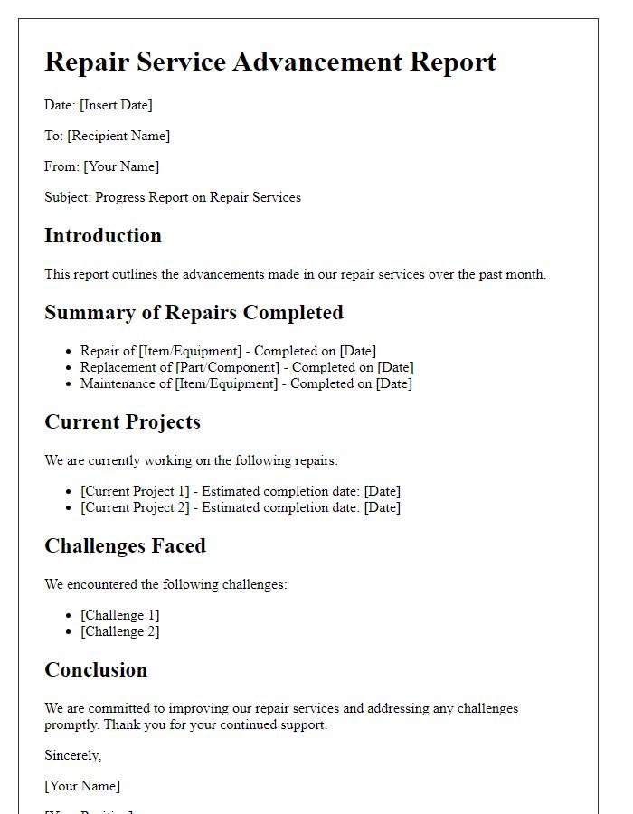 Letter template of repair service advancement report