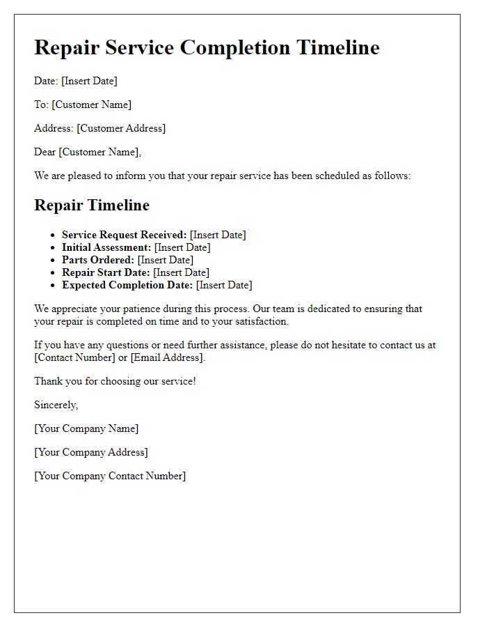 Letter template of repair service completion timeline