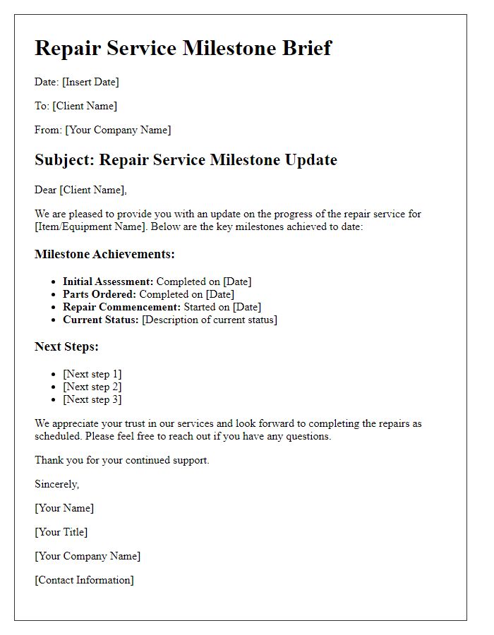 Letter template of repair service milestone brief