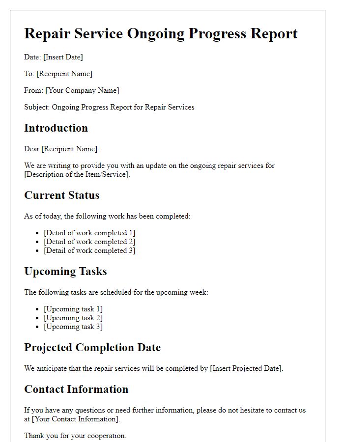 Letter template of repair service ongoing progress report