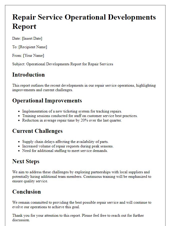 Letter template of repair service operational developments report