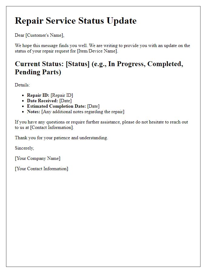 Letter template of repair service phase status update