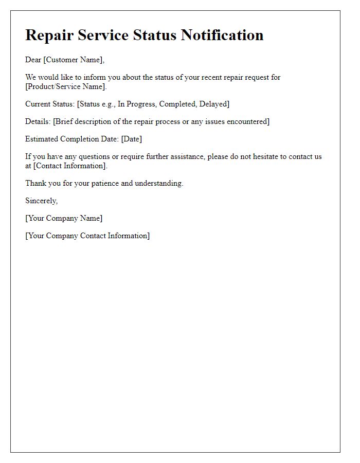 Letter template of repair service status notification