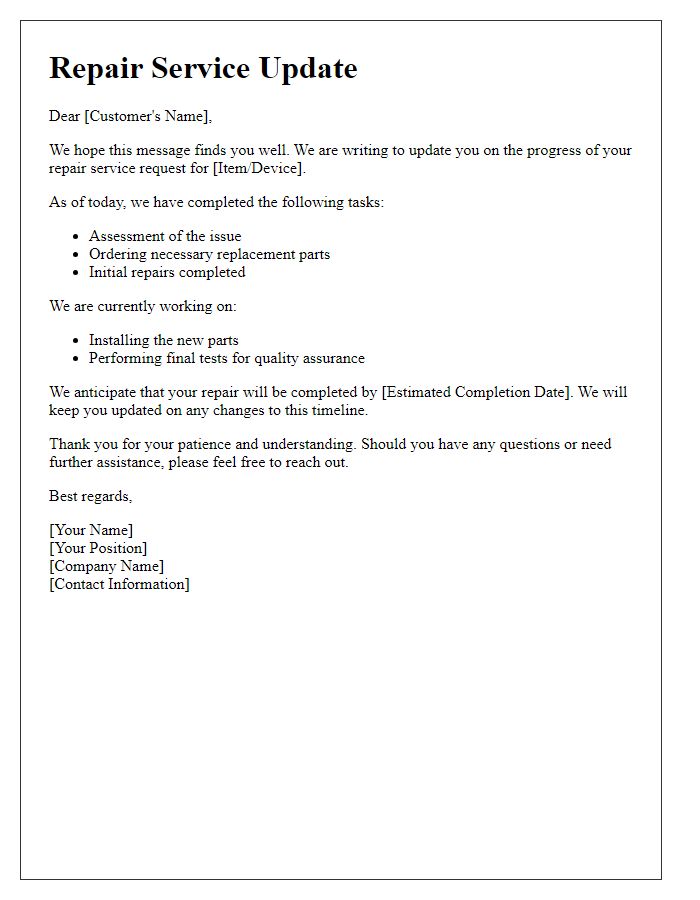 Letter template of repair service work in progress update