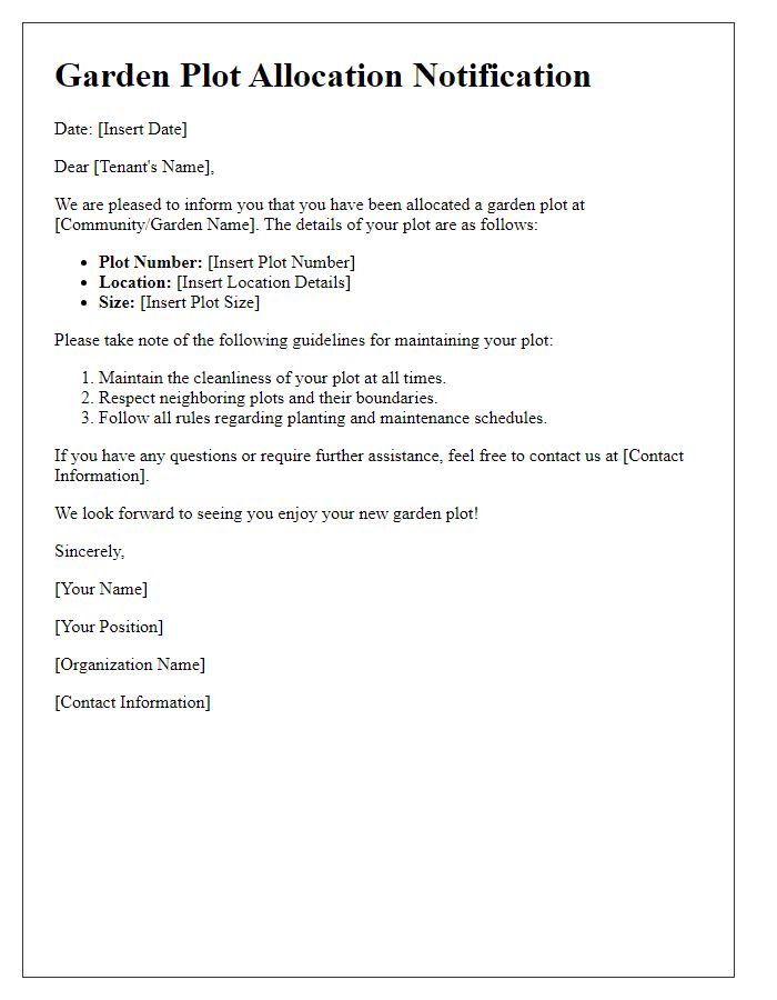 Letter template of garden plot allocation for new tenants