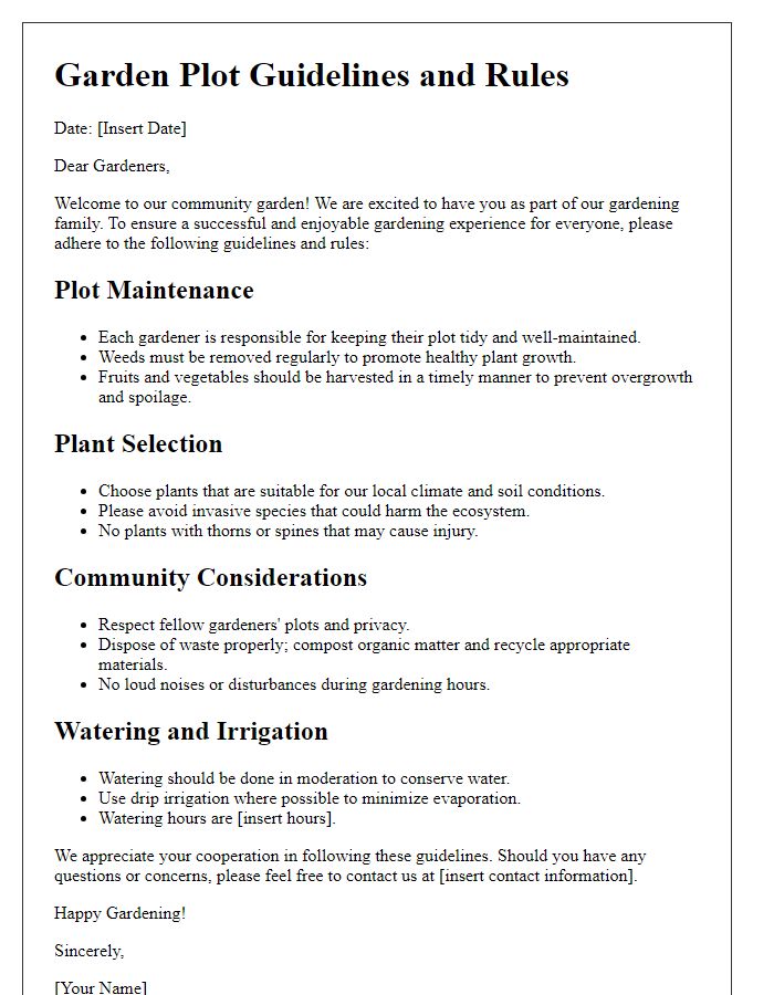 Letter template of garden plot guidelines and rules