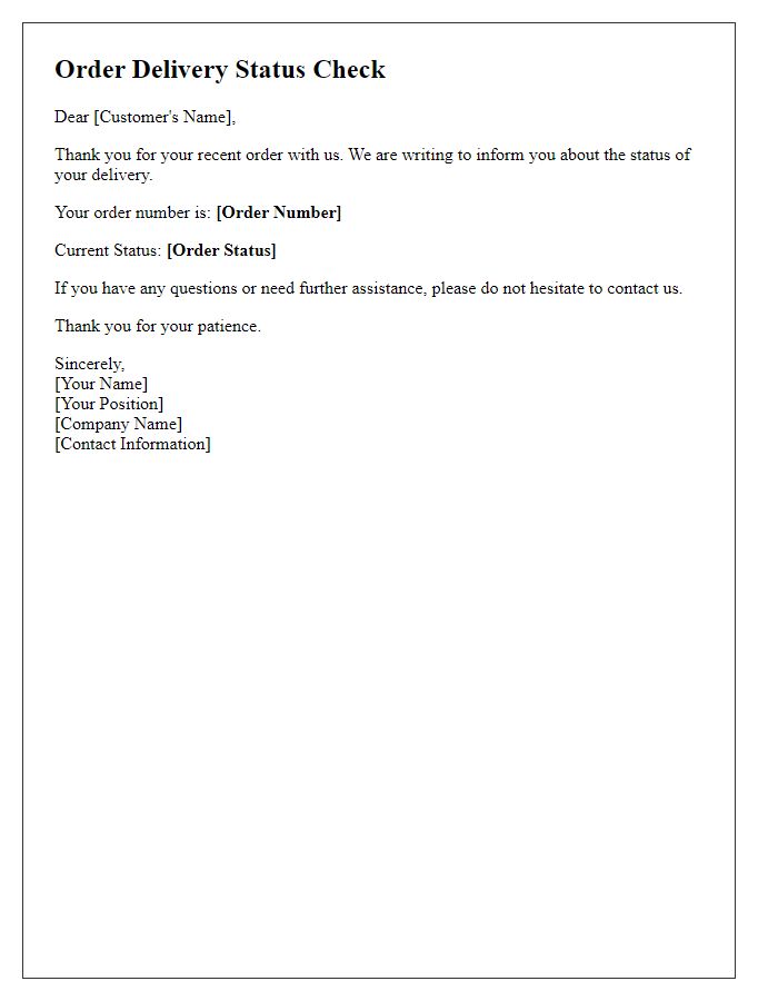 Letter template of order delivery status check.