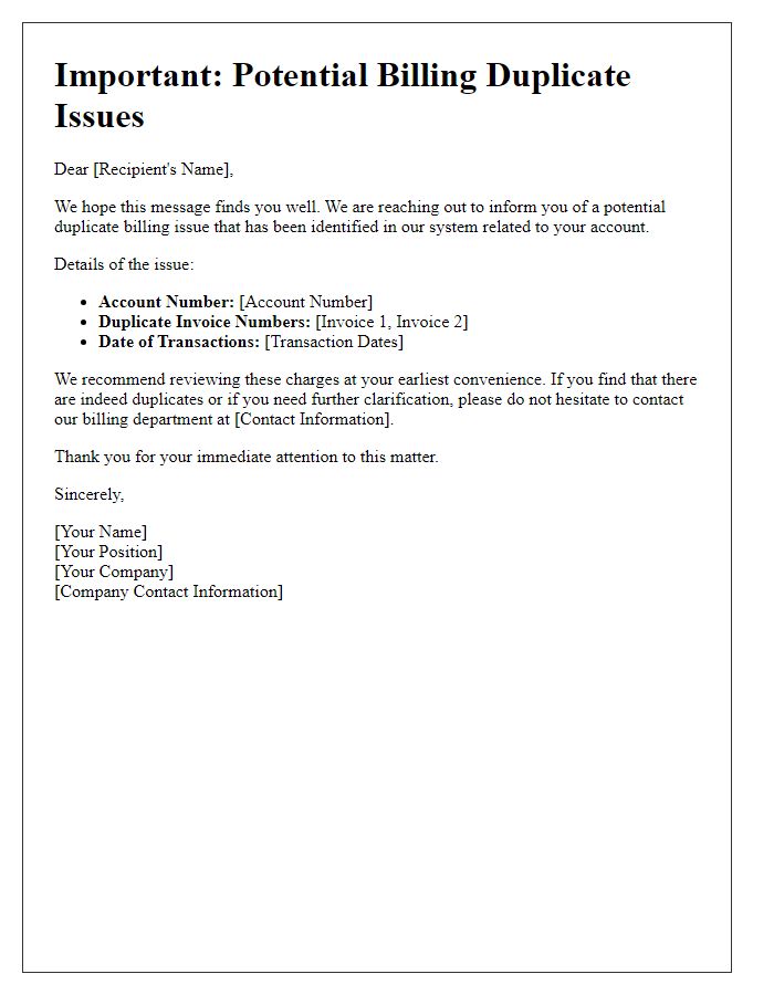 Letter template of alert for potential billing duplicate issues.