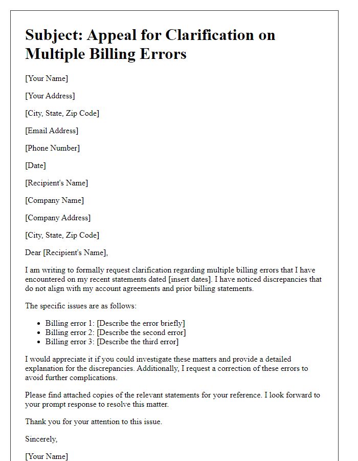 Letter template of appeal for clarification on multiple billing errors.