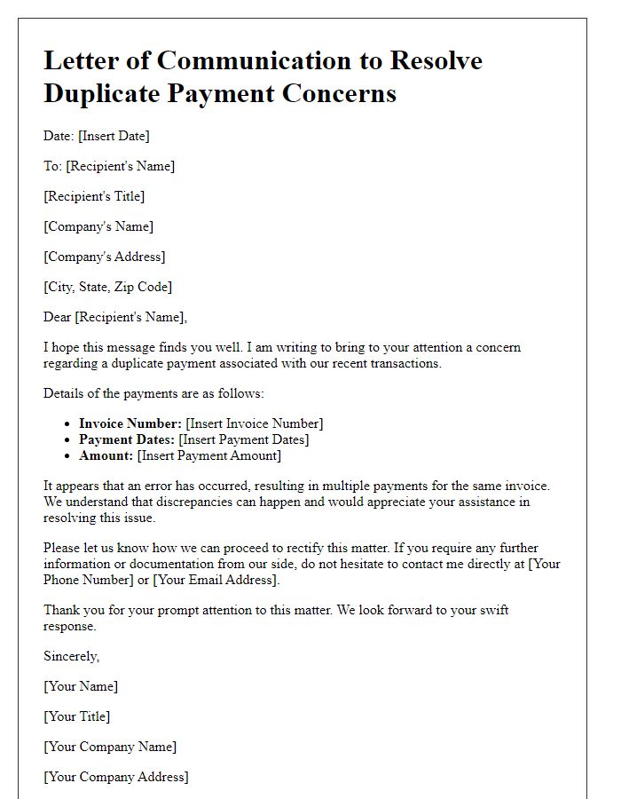 Letter template of communication to resolve duplicate payment concerns.