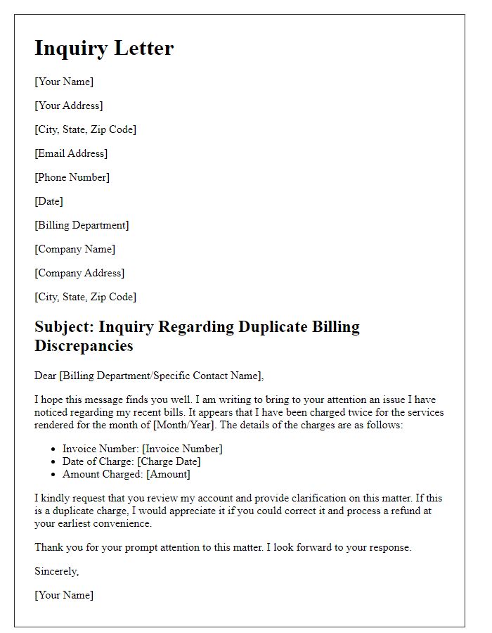 Letter template of inquiry regarding duplicate billing discrepancies.