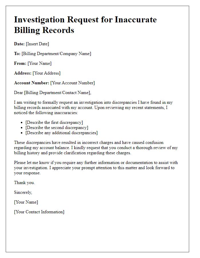 Letter template of investigation request for inaccurate billing records.