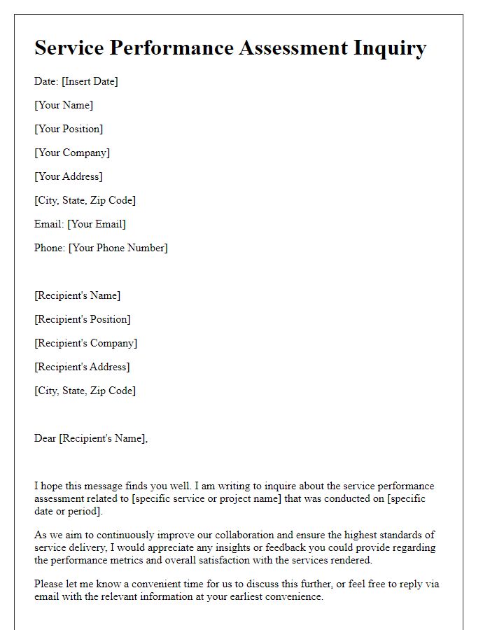 Letter template of service performance assessment inquiry