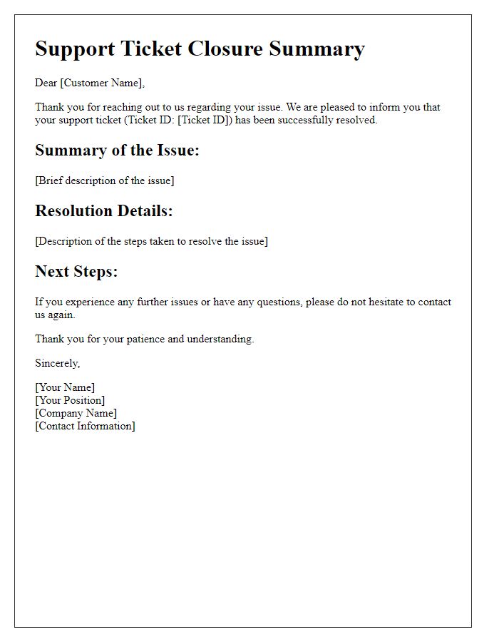 Letter template of Your Support Ticket Closure Summary