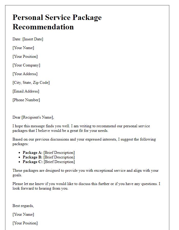 Letter template of personal service package recommendation