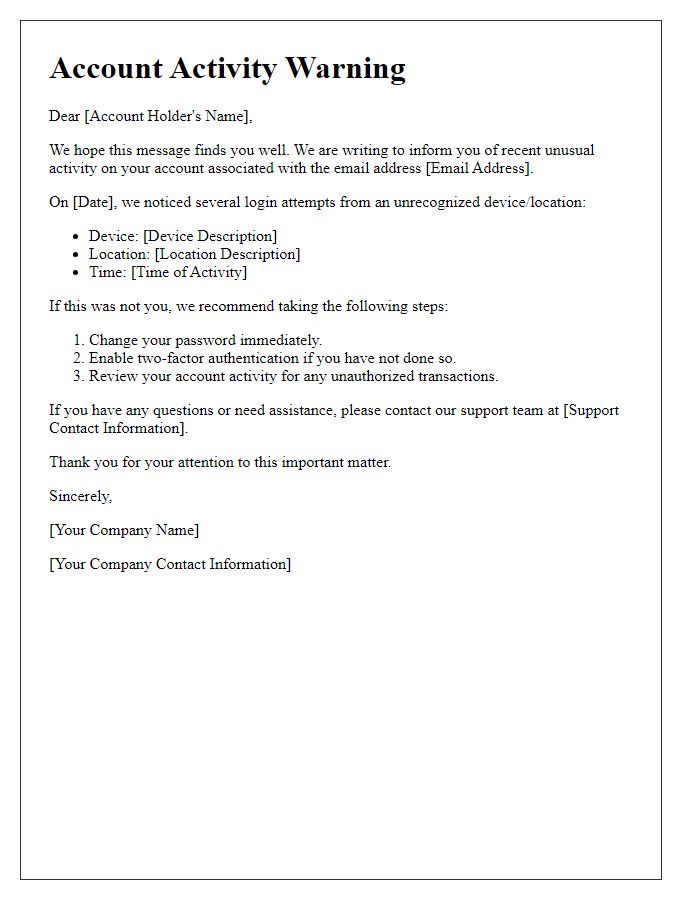 Letter template of Account Activity Warning