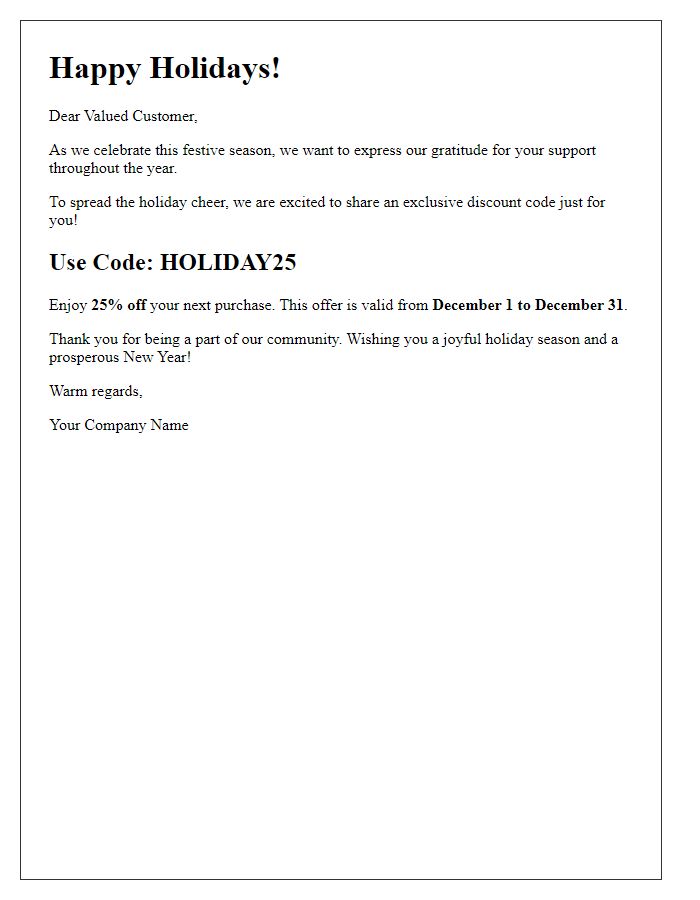 Letter template of holiday celebration discount code sharing