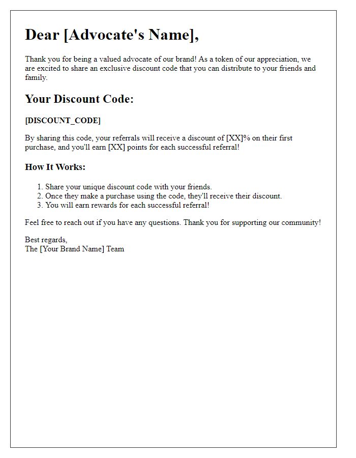 Letter template of referral program discount code for advocates