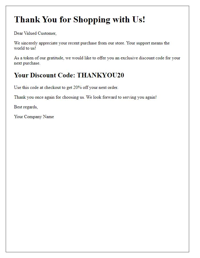 Letter template of thank you discount code for recent purchases