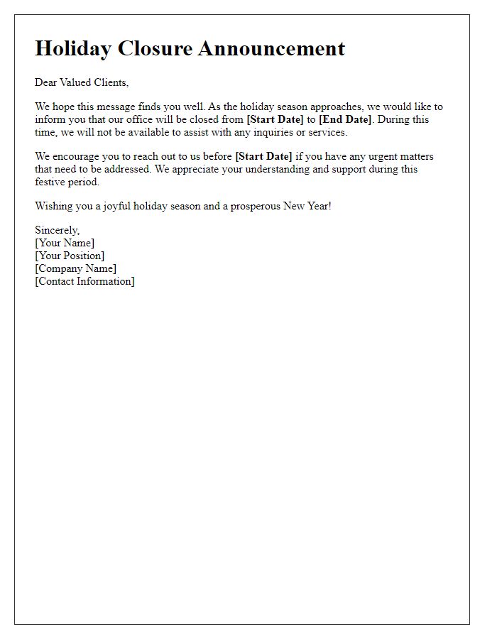 Letter template of holiday closure announcement for clients.