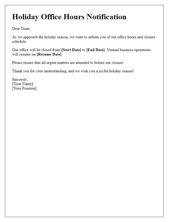 Letter template of holiday office hours and closure communication.