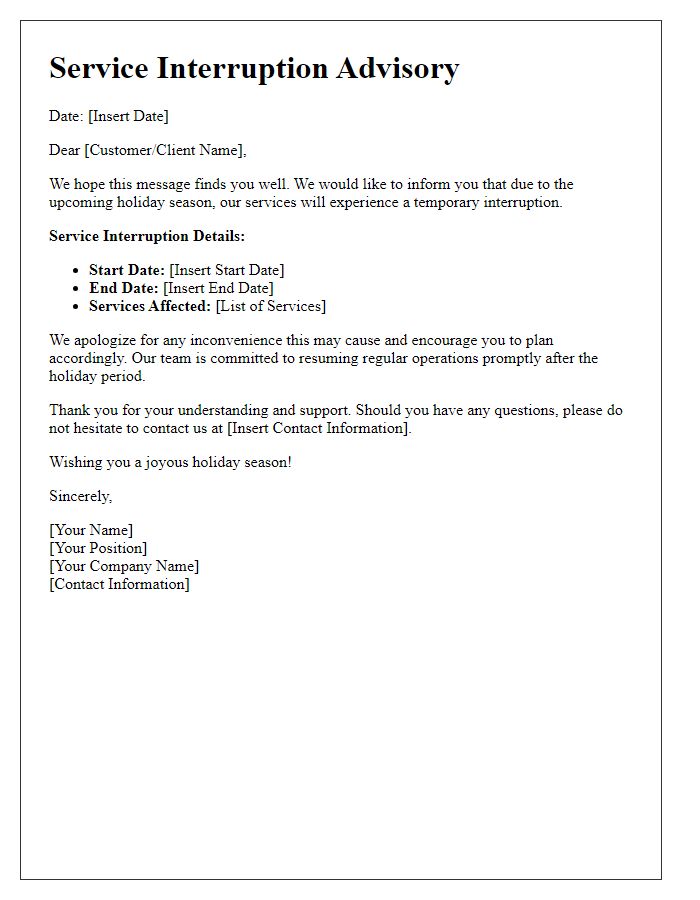 Letter template of holiday service interruption advisory.