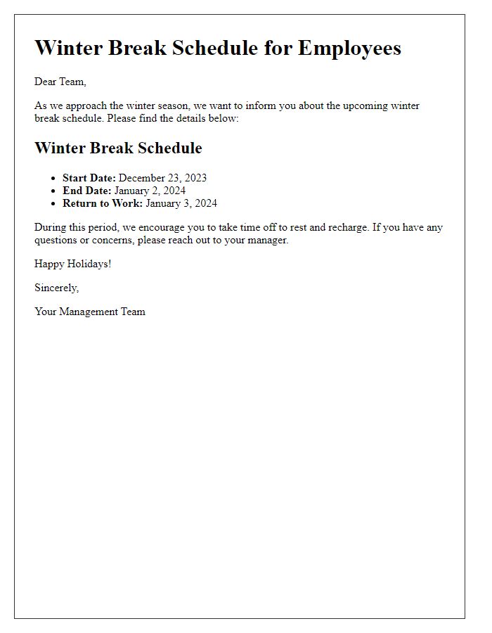 Letter template of winter break schedule for employees.