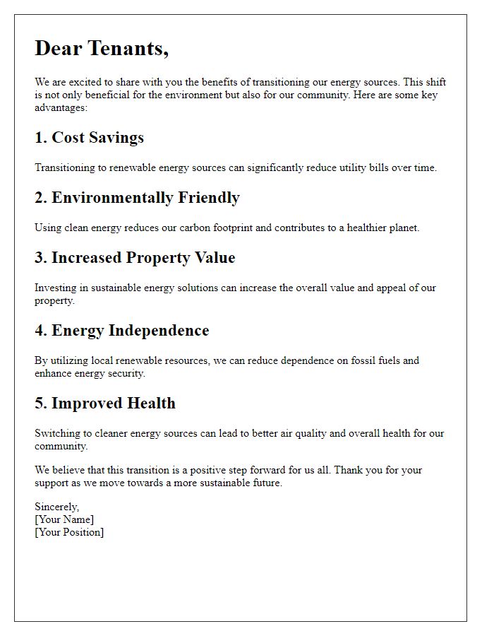 Letter template of outlining benefits of transitioning energy sources for tenants.