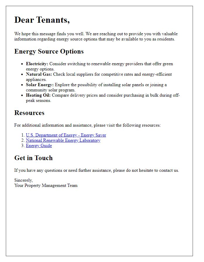 Letter template of providing resources for tenants on energy source options.