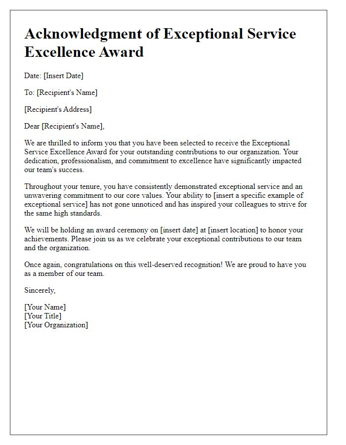 Letter template of acknowledgment for exceptional service excellence award.