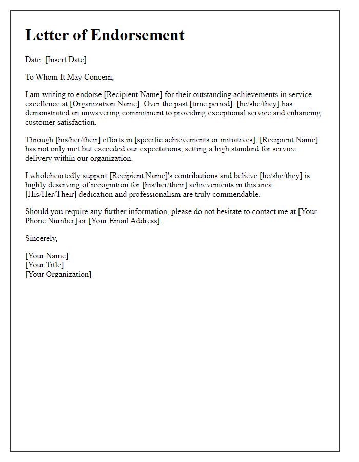 Letter template of endorsement for service excellence achievement.