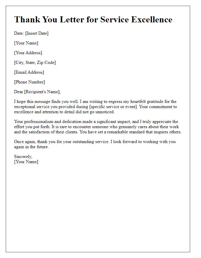 Letter template of heartfelt thanks for service excellence commitment.