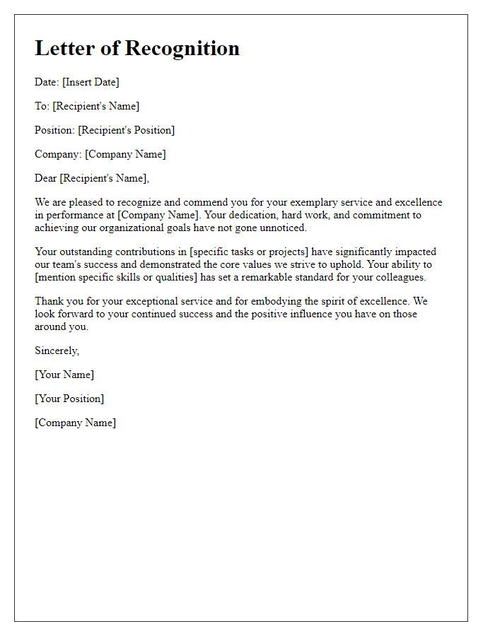 Letter template of recognition for exemplary service excellence performance.