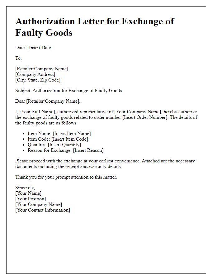 Letter template of authorization for exchange of faulty goods.