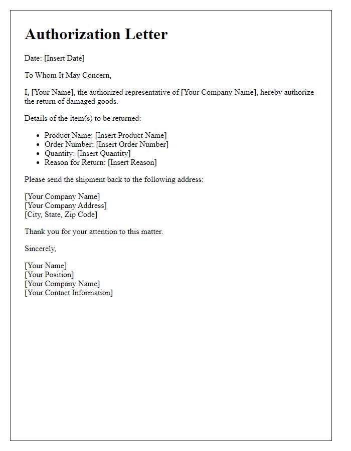 Letter template of authorization to ship back damaged goods.