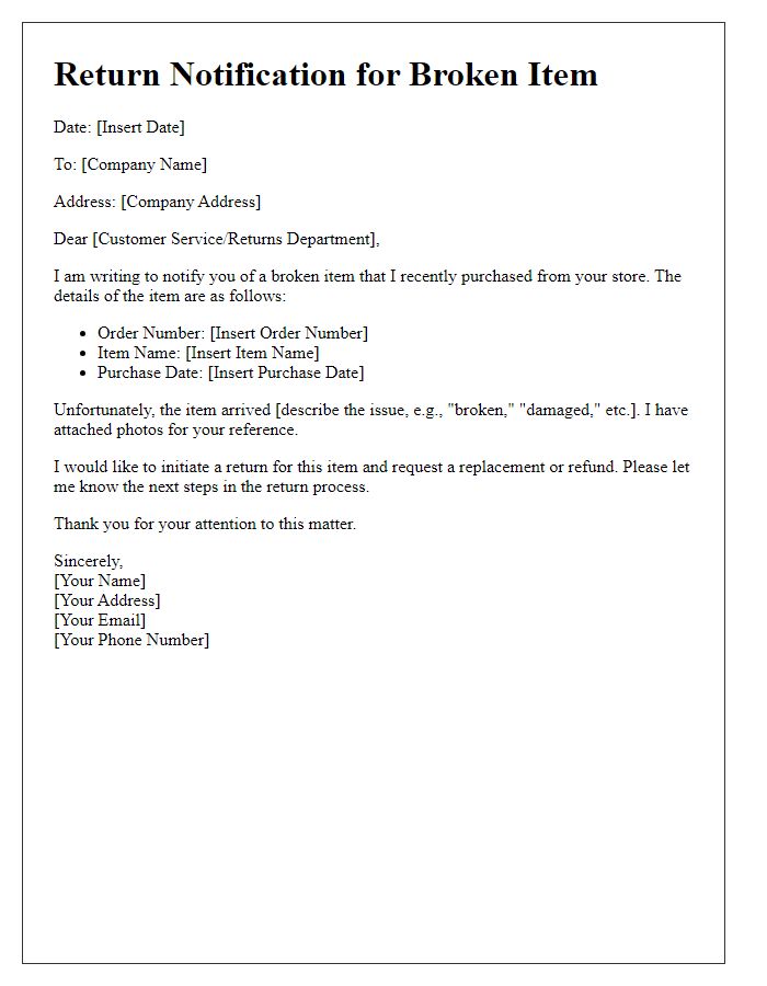 Letter template of notification for returning a broken item.