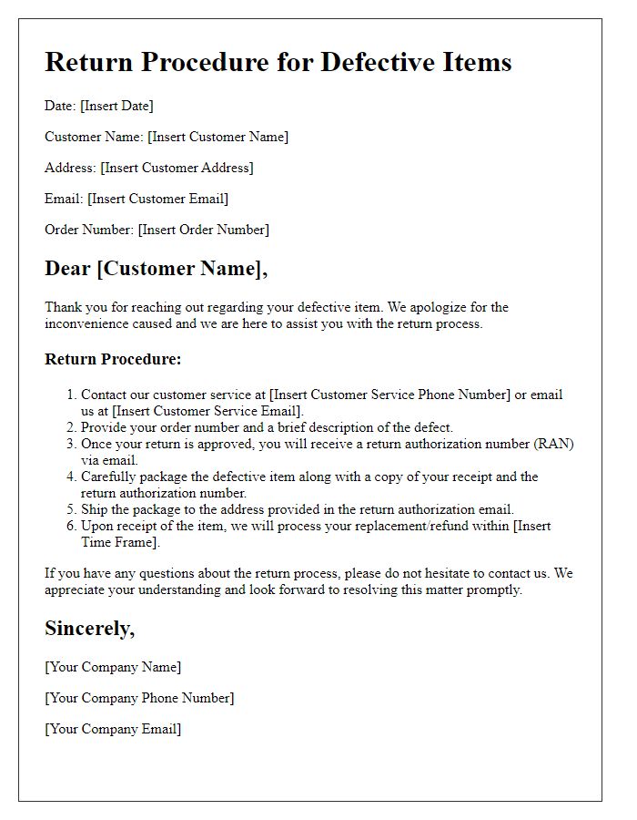 Letter template of return procedure for defective items.