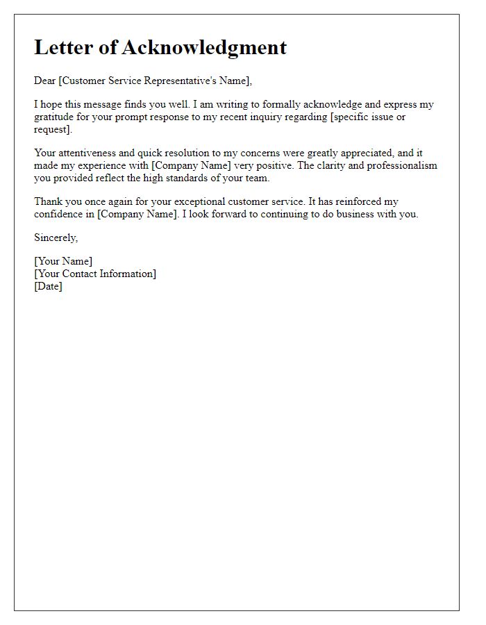 Letter template of acknowledgment for prompt customer service response