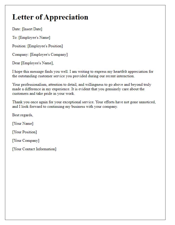 Letter template of appreciation for outstanding customer service