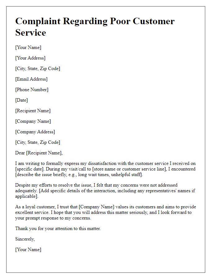 Letter template of complaint regarding poor customer service