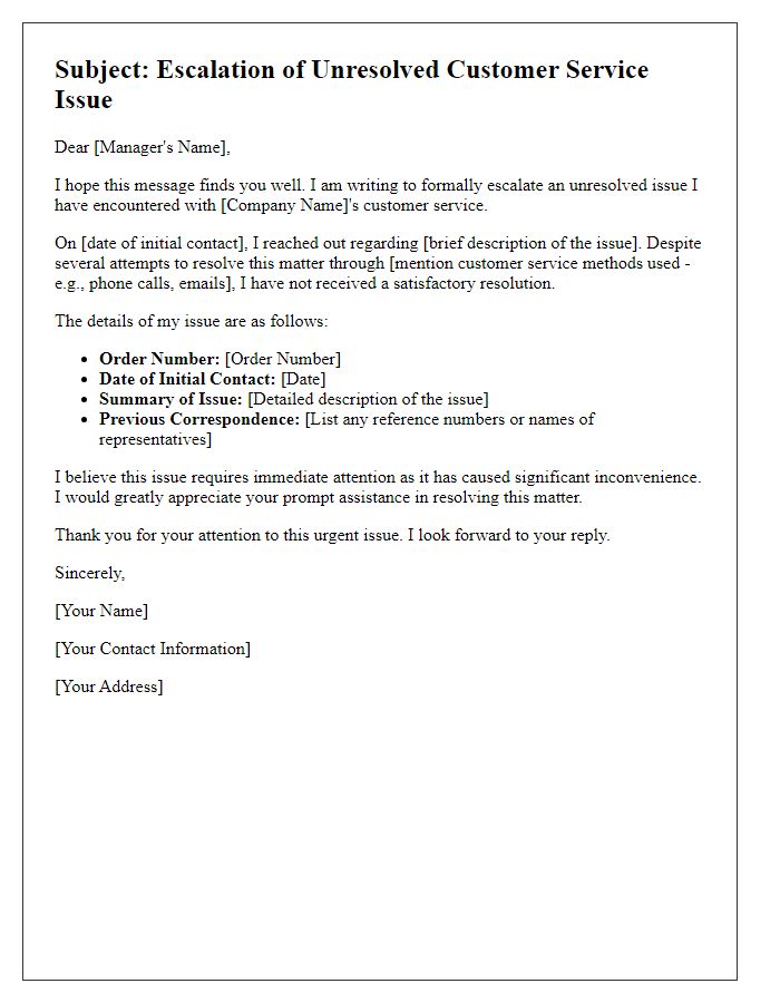 Letter template of escalation for unresolved customer service issues